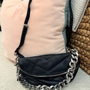 Rebecca Minkoff Black Leather Shoulder Bag with Silver Chain